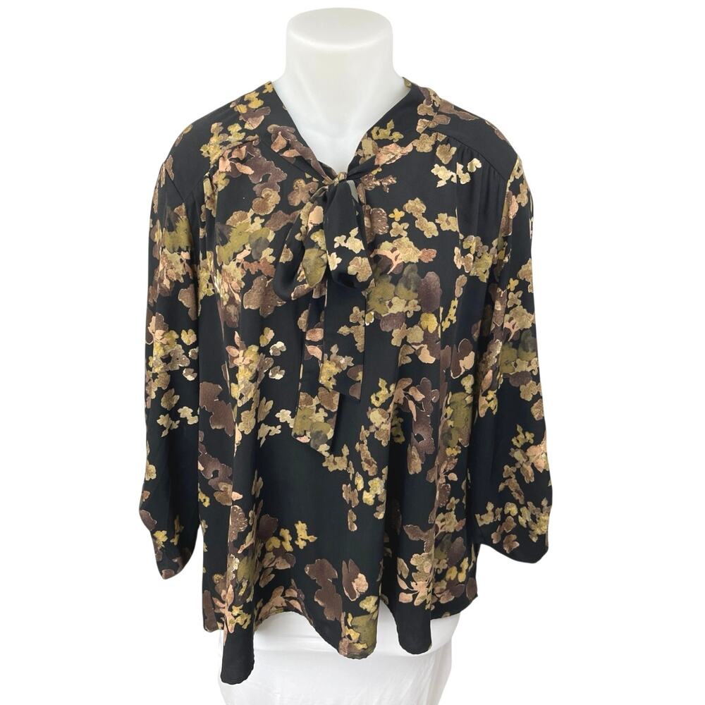 Poema Black Multicolor Floral Print Long Sleeve Tie V-Neck Blouse Top Size 4X